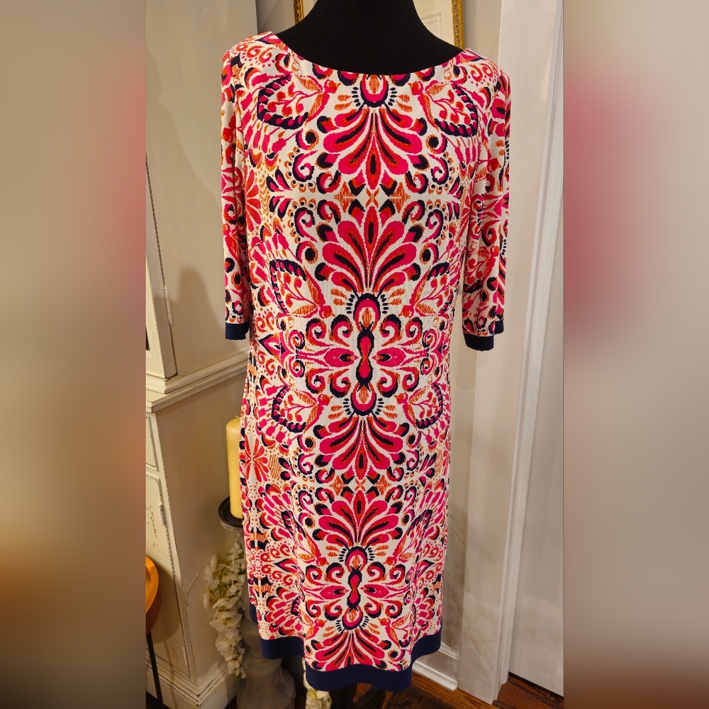 ELIZA J Pink & Orange Ikat Three-Quarter Sleeve Shift Dress Size 8